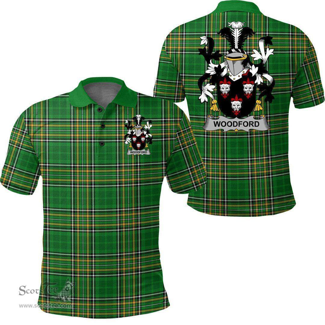 Scottish Woodford Coat of Arms Family Crest Ireland Polo Shirt - Irish National Tartan Irish County Polo Shirt