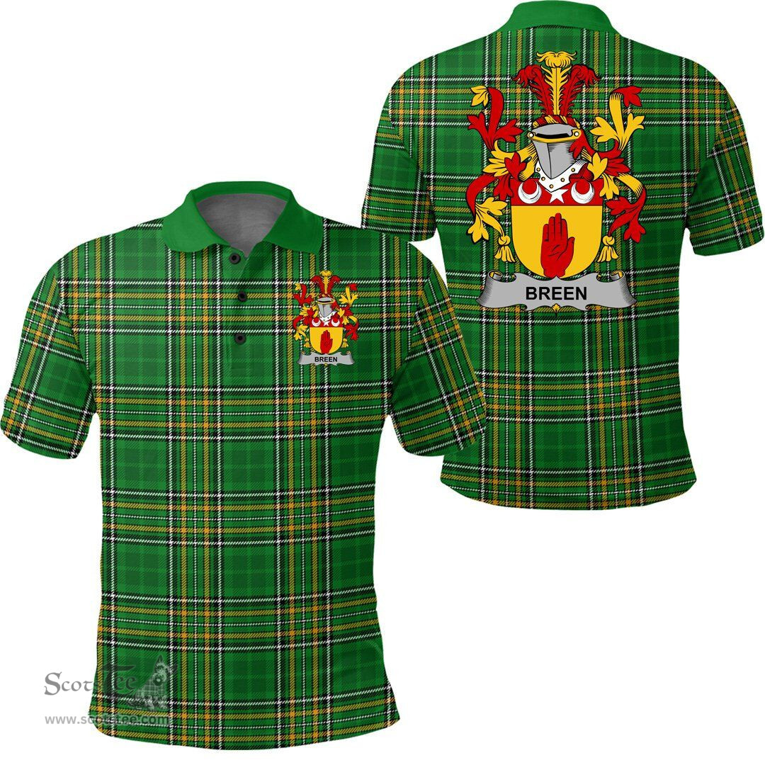Scottish Breen or O'Breen Coat of Arms Family Crest Ireland Polo Shirt - Irish National Tartan Irish County Polo Shirt