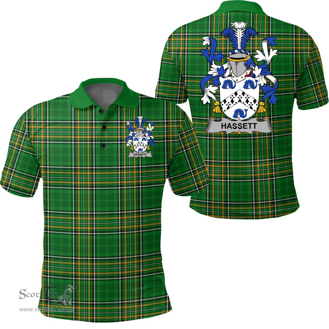 Scottish Hassett or Hasset Coat of Arms Family Crest Ireland Polo Shirt - Irish National Tartan Irish County Polo Shirt