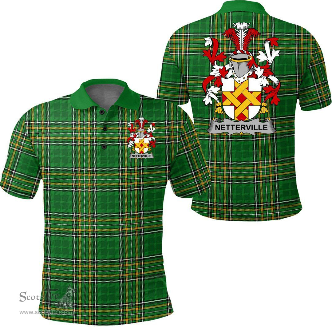 Scottish Netterville or Netterfield Coat of Arms Family Crest Ireland Polo Shirt - Irish National Tartan Irish County Polo Shirt