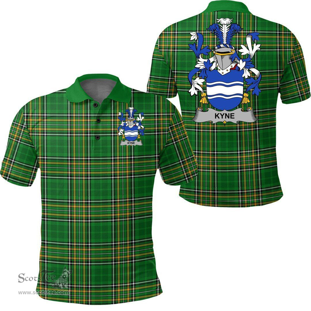 Scottish Kyne or O'Kyne Coat of Arms Family Crest Ireland Polo Shirt - Irish National Tartan Irish County Polo Shirt