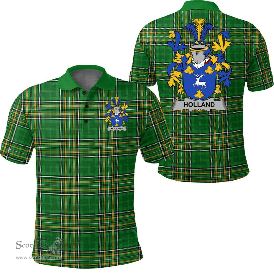 Scottish Holland Coat of Arms Family Crest Ireland Polo Shirt - Irish National Tartan Irish County Polo Shirt