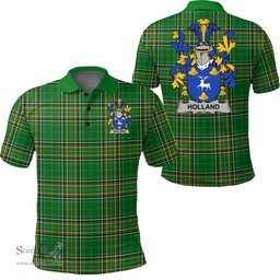 Scottish Holland Coat of Arms Family Crest Ireland Polo Shirt - Irish National Tartan Irish County Polo Shirt