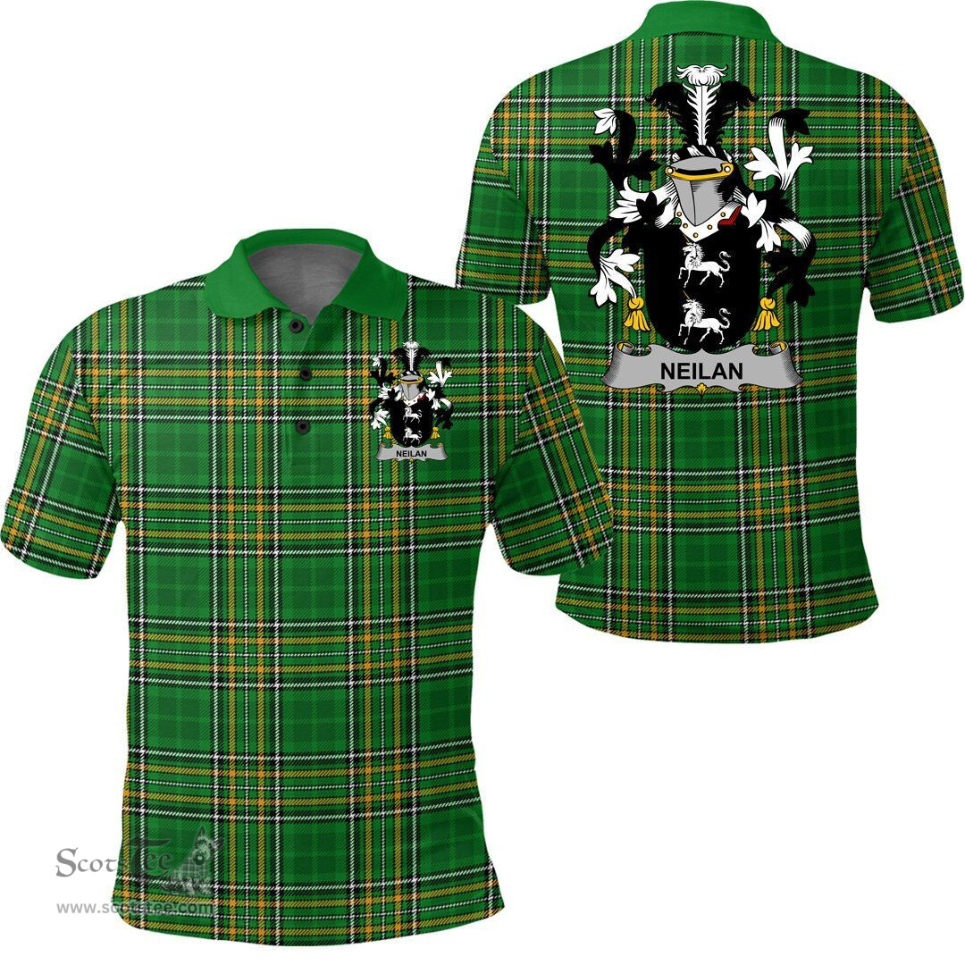 Scottish Neilan or O'Neylan Coat of Arms Family Crest Ireland Polo Shirt - Irish National Tartan Irish County Polo Shirt