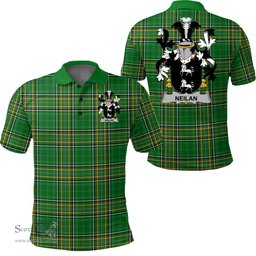 Scottish Neilan or O'Neylan Coat of Arms Family Crest Ireland Polo Shirt - Irish National Tartan Irish County Polo Shirt