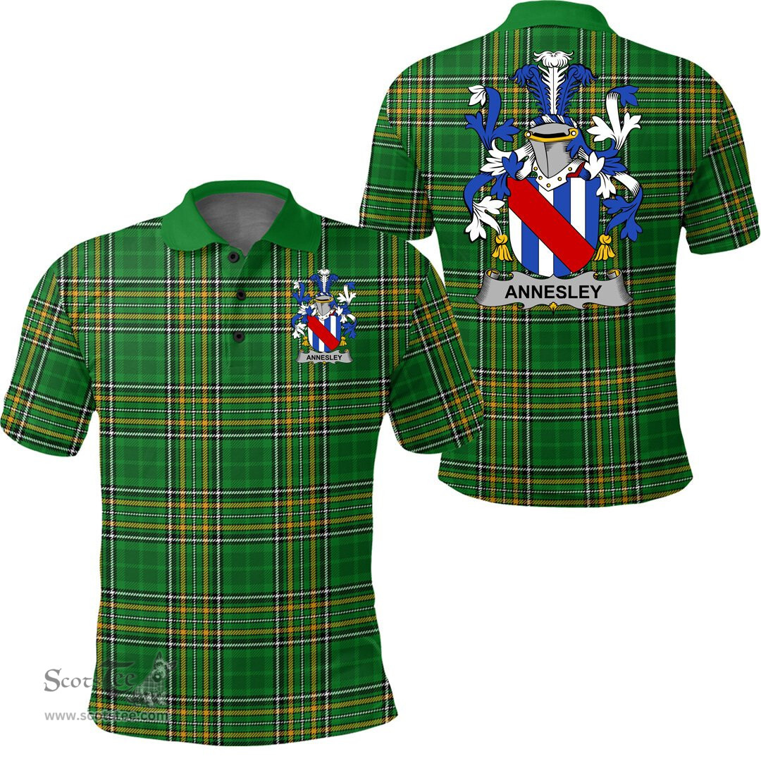 Scottish Annesley Coat of Arms Family Crest Ireland Polo Shirt - Irish National Tartan Irish County Polo Shirt