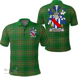 Scottish Annesley Coat of Arms Family Crest Ireland Polo Shirt - Irish National Tartan Irish County Polo Shirt