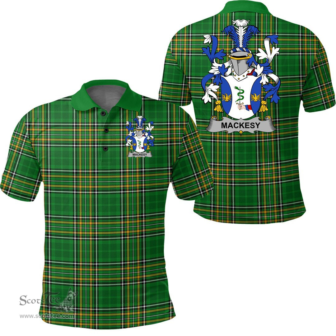 Scottish Mackesy Coat of Arms Family Crest Ireland Polo Shirt - Irish National Tartan Irish County Polo Shirt