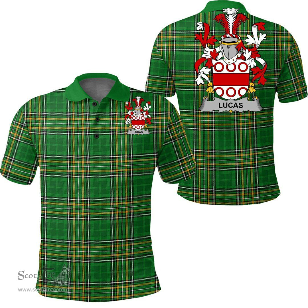 Scottish Lucas or Luke Coat of Arms Family Crest Ireland Polo Shirt - Irish National Tartan Irish County Polo Shirt