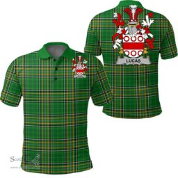 Scottish Lucas or Luke Coat of Arms Family Crest Ireland Polo Shirt - Irish National Tartan Irish County Polo Shirt