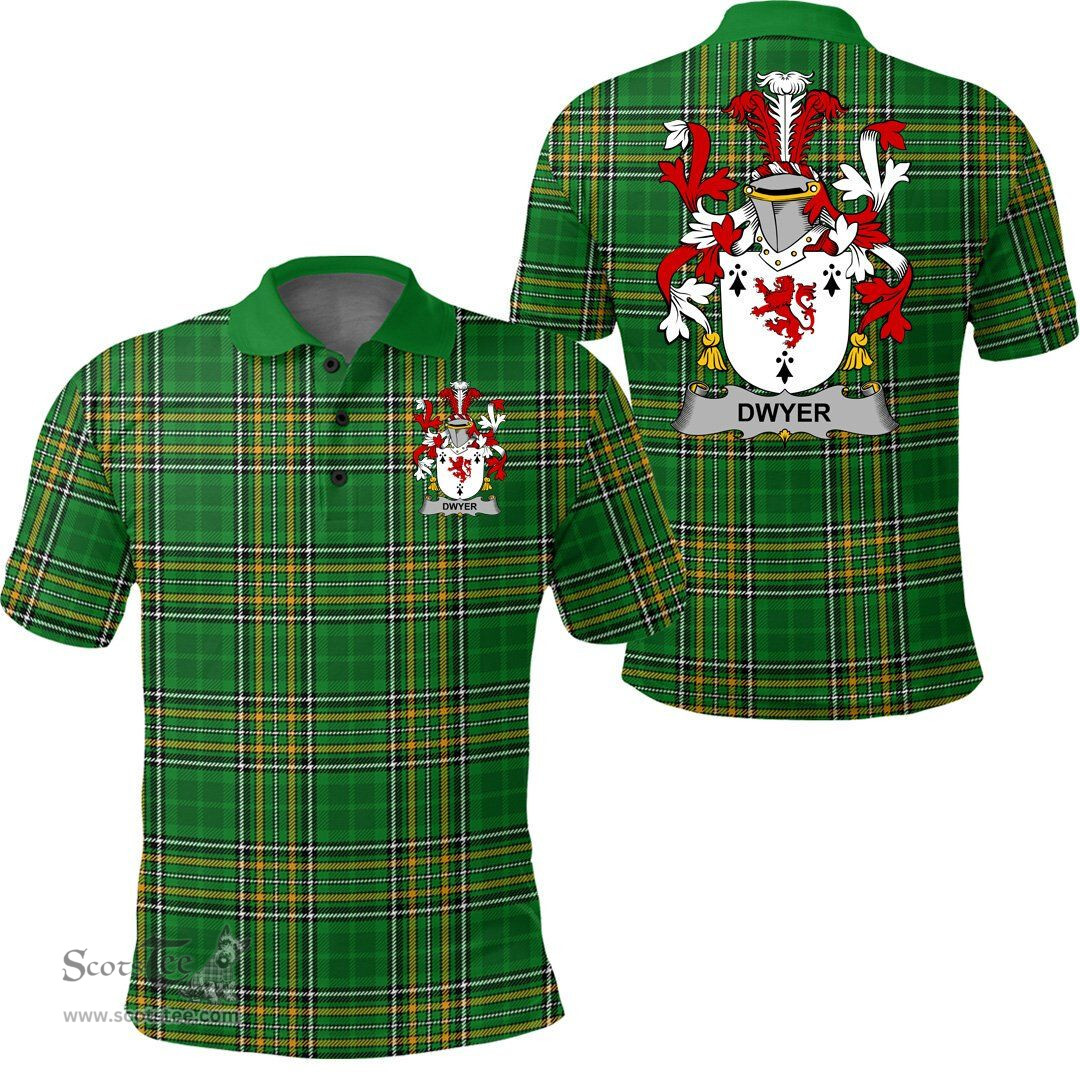 Scottish Dwyer or O'Dwyer Coat of Arms Family Crest Ireland Polo Shirt - Irish National Tartan Irish County Polo Shirt