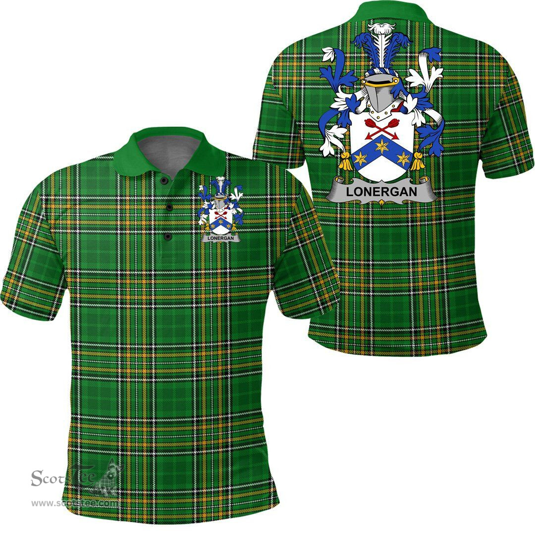 Scottish Lonergan or O'Lonergan Coat of Arms Family Crest Ireland Polo Shirt - Irish National Tartan Irish County Polo Shirt
