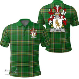Scottish Halie or O'Halie Coat of Arms Family Crest Ireland Polo Shirt - Irish National Tartan Irish County Polo Shirt