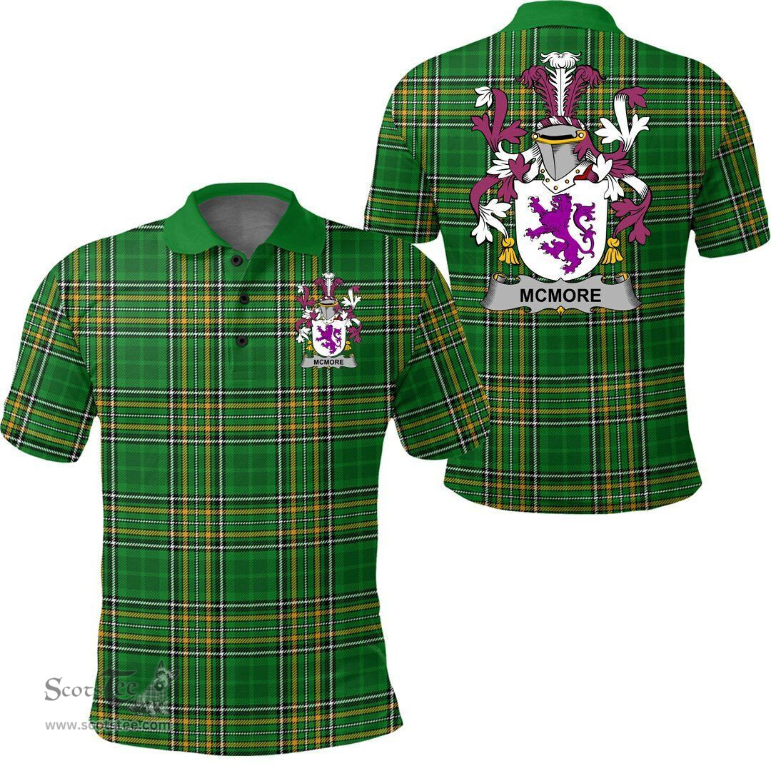 Scottish McMore or More Coat of Arms Family Crest Ireland Polo Shirt - Irish National Tartan Irish County Polo Shirt