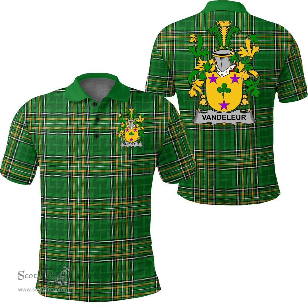 Scottish Vandeleur Coat of Arms Family Crest Ireland Polo Shirt - Irish National Tartan Irish County Polo Shirt