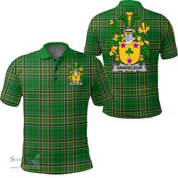 Scottish Vandeleur Coat of Arms Family Crest Ireland Polo Shirt - Irish National Tartan Irish County Polo Shirt