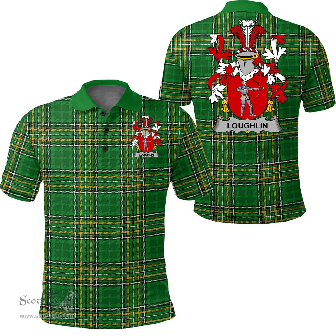 Scottish Loughlin or O'Loughlin Coat of Arms Family Crest Ireland Polo Shirt - Irish National Tartan Irish County Polo Shirt