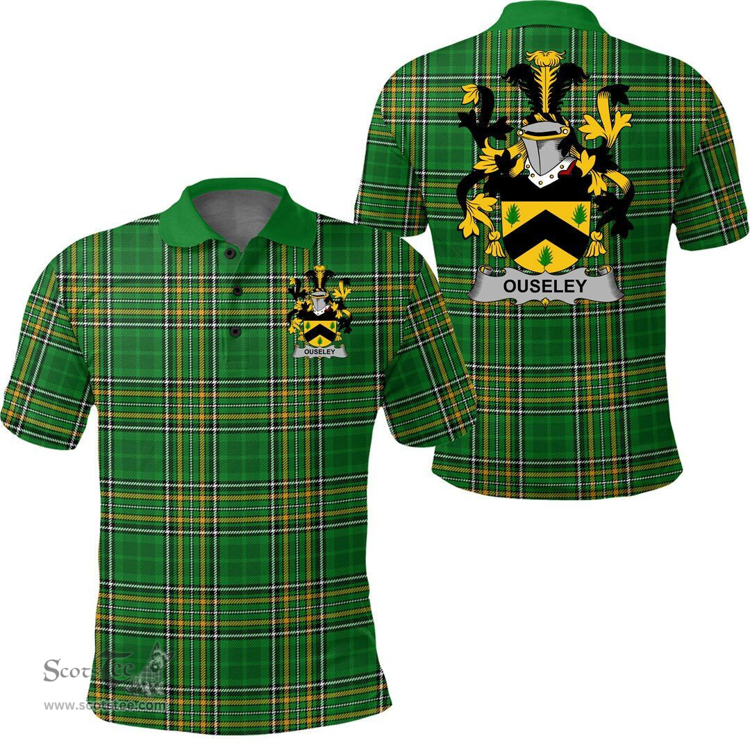 Scottish Ouseley Coat of Arms Family Crest Ireland Polo Shirt - Irish National Tartan Irish County Polo Shirt