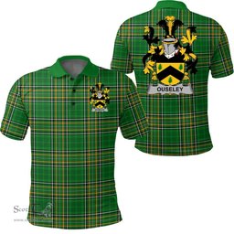 Scottish Ouseley Coat of Arms Family Crest Ireland Polo Shirt - Irish National Tartan Irish County Polo Shirt