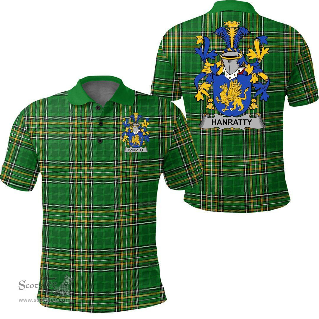 Scottish Hanratty or O'Hanraghty Coat of Arms Family Crest Ireland Polo Shirt - Irish National Tartan Irish County Polo Shirt