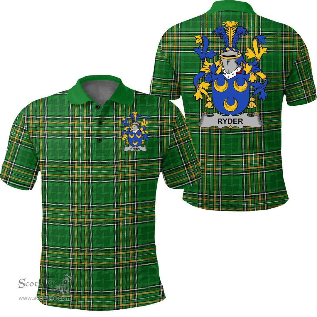 Scottish Ryder Coat of Arms Family Crest Ireland Polo Shirt - Irish National Tartan Irish County Polo Shirt