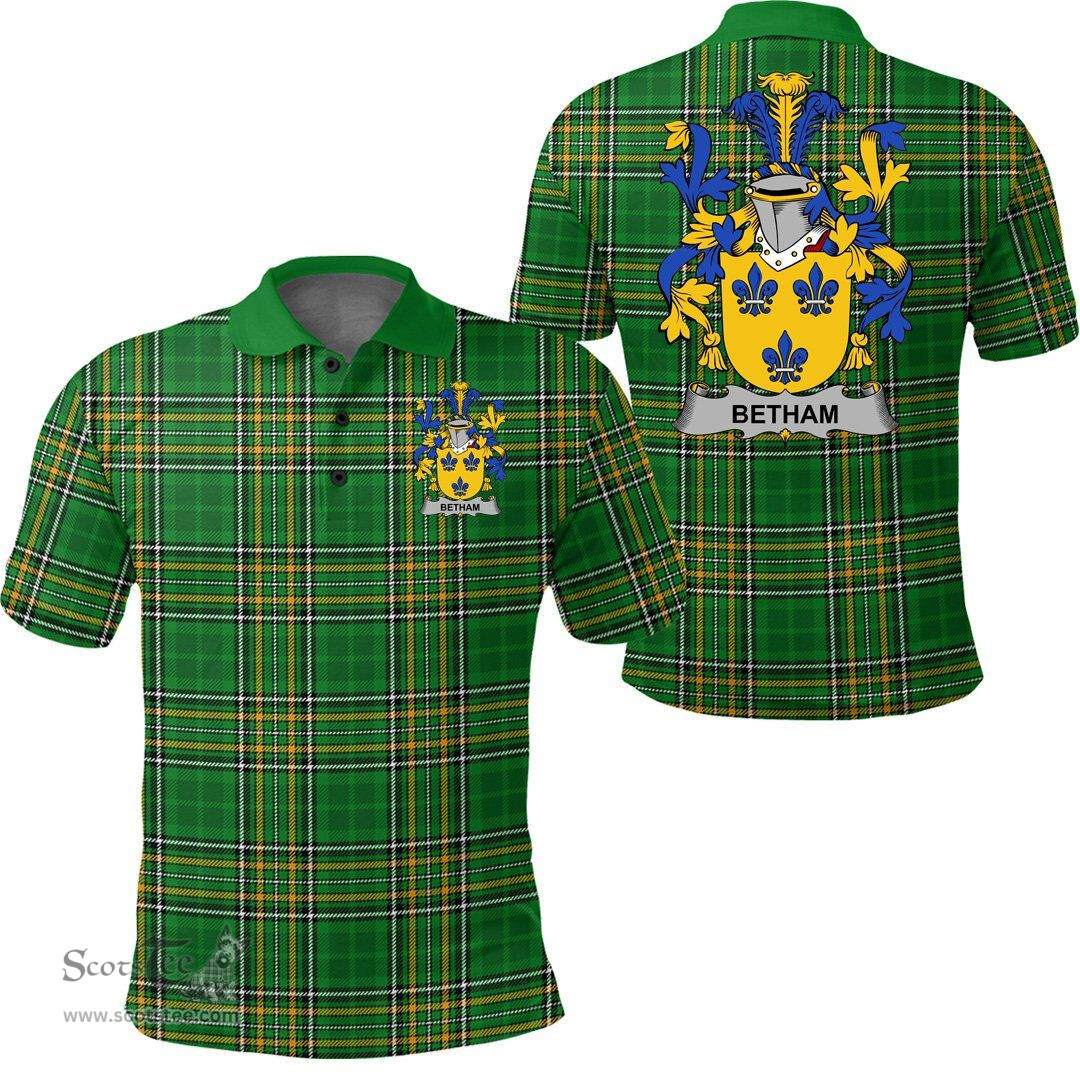 Scottish Betham Coat of Arms Family Crest Ireland Polo Shirt - Irish National Tartan Irish County Polo Shirt