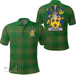 Scottish Betham Coat of Arms Family Crest Ireland Polo Shirt - Irish National Tartan Irish County Polo Shirt
