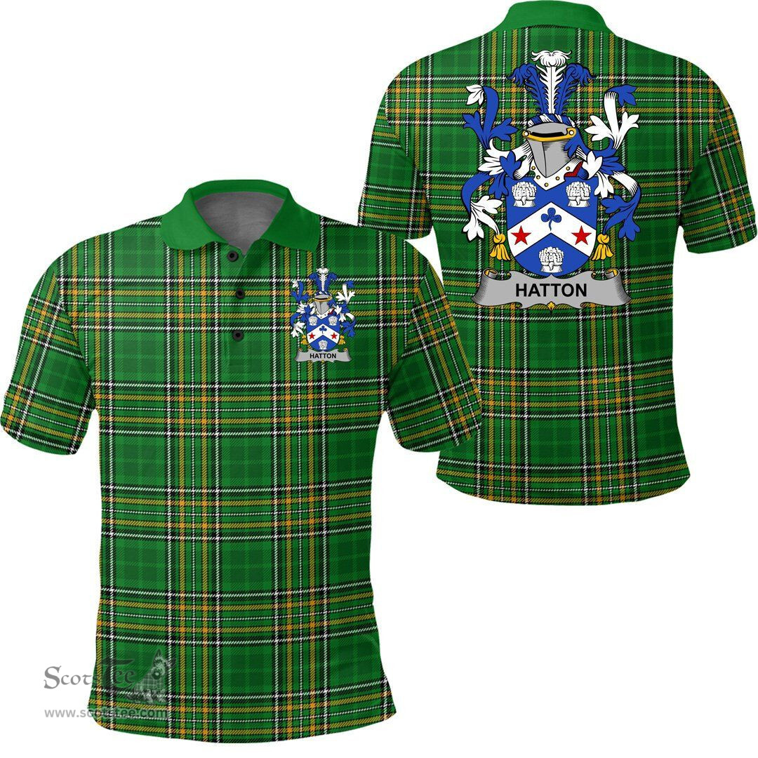 Scottish Hatton or McIlhatton Coat of Arms Family Crest Ireland Polo Shirt - Irish National Tartan Irish County Polo Shirt
