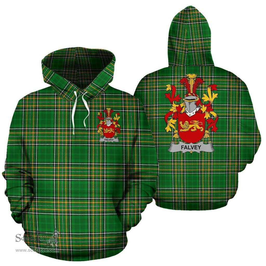 Scottish Falvey or O'Falvey Coat of Arms Family Crest Ireland Hoodie Irish National Tartan Irish County Hoodie