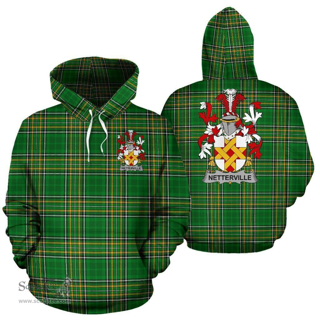 Scottish Netterville or Netterfield Coat of Arms Family Crest Ireland Hoodie Irish National Tartan Irish County Hoodie