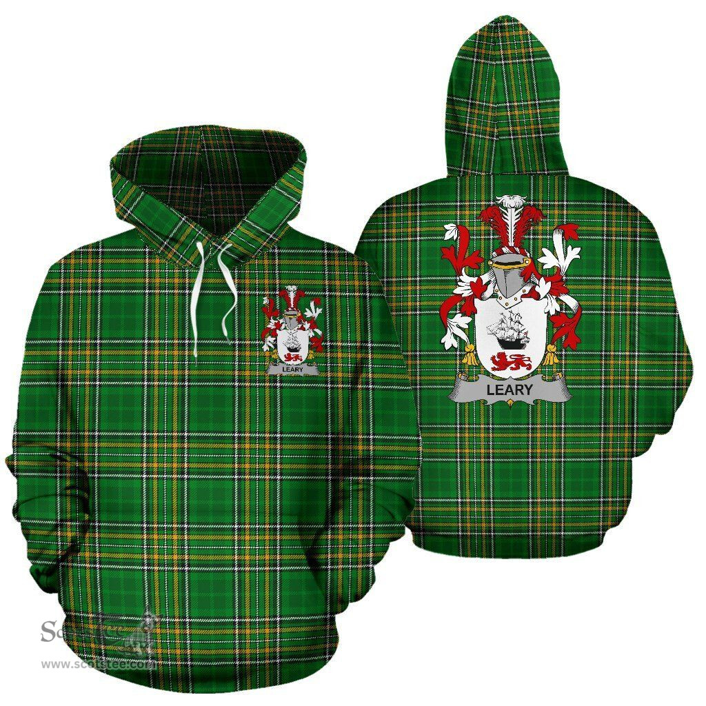 Scottish Leary or O'Leary Coat of Arms Family Crest Ireland Hoodie Irish National Tartan Irish County Hoodie