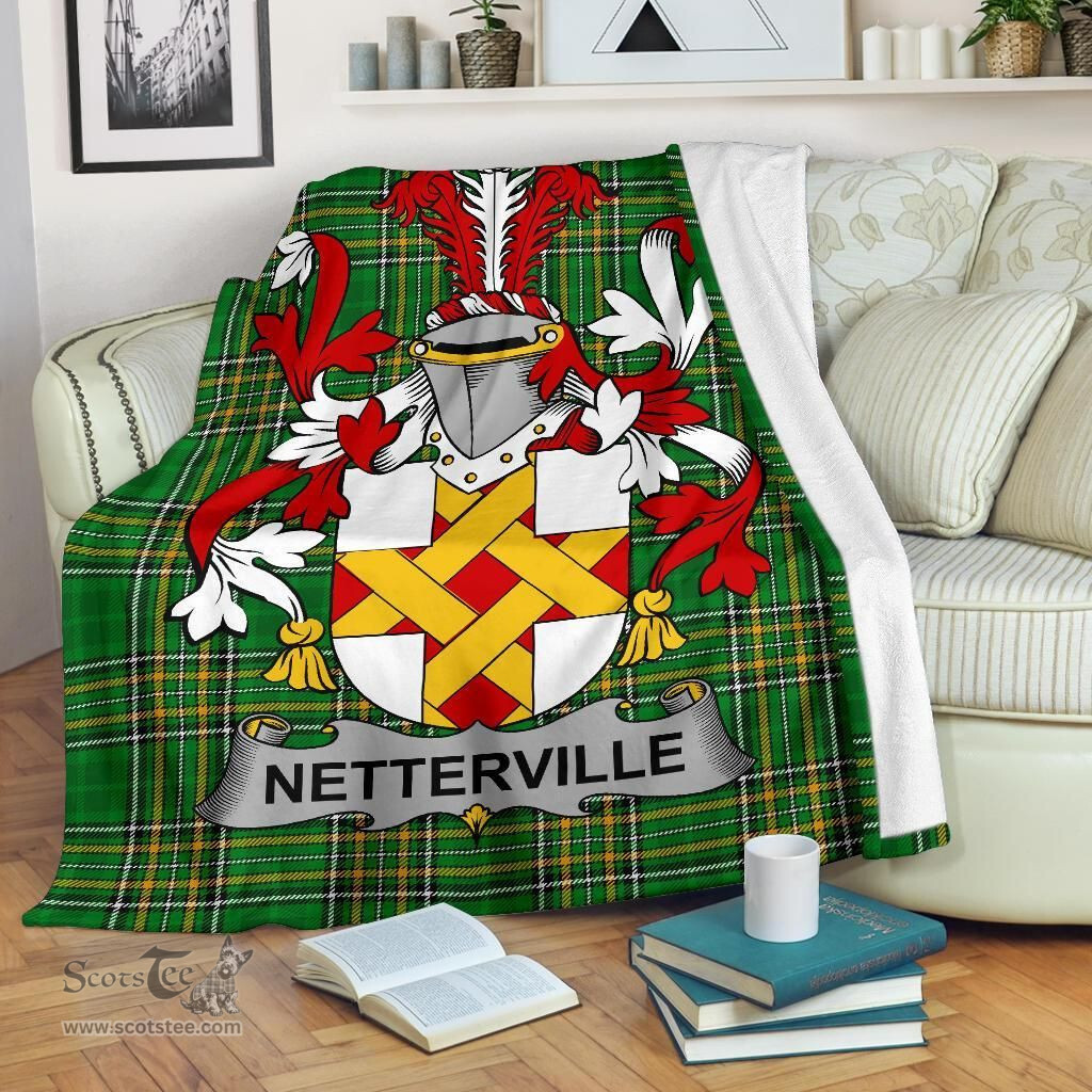 Scottish Netterville or Netterfield Coat of Arms Family Crest Ireland Blanket Irish National Tartan Irish County Blanket