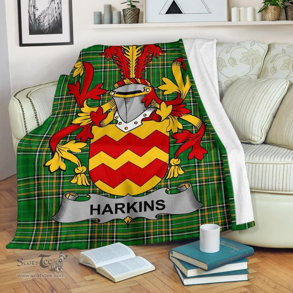Scottish Harkins or O'Harkin Coat of Arms Family Crest Ireland Blanket Irish National Tartan Irish County Blanket