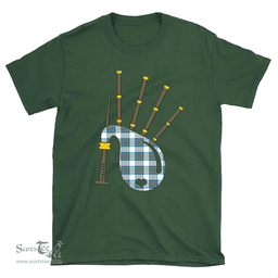 Scottish Stewart Muted Blue Clan Tartan T-Shirt 2D - Bagpipes Style Scottish Plaid Tartan Plaid