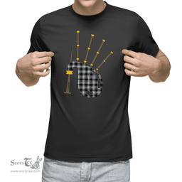 Scottish Menzies Black & White Modern Clan Tartan T-Shirt 2D - Bagpipes Style Scottish Plaid Tartan Plaid