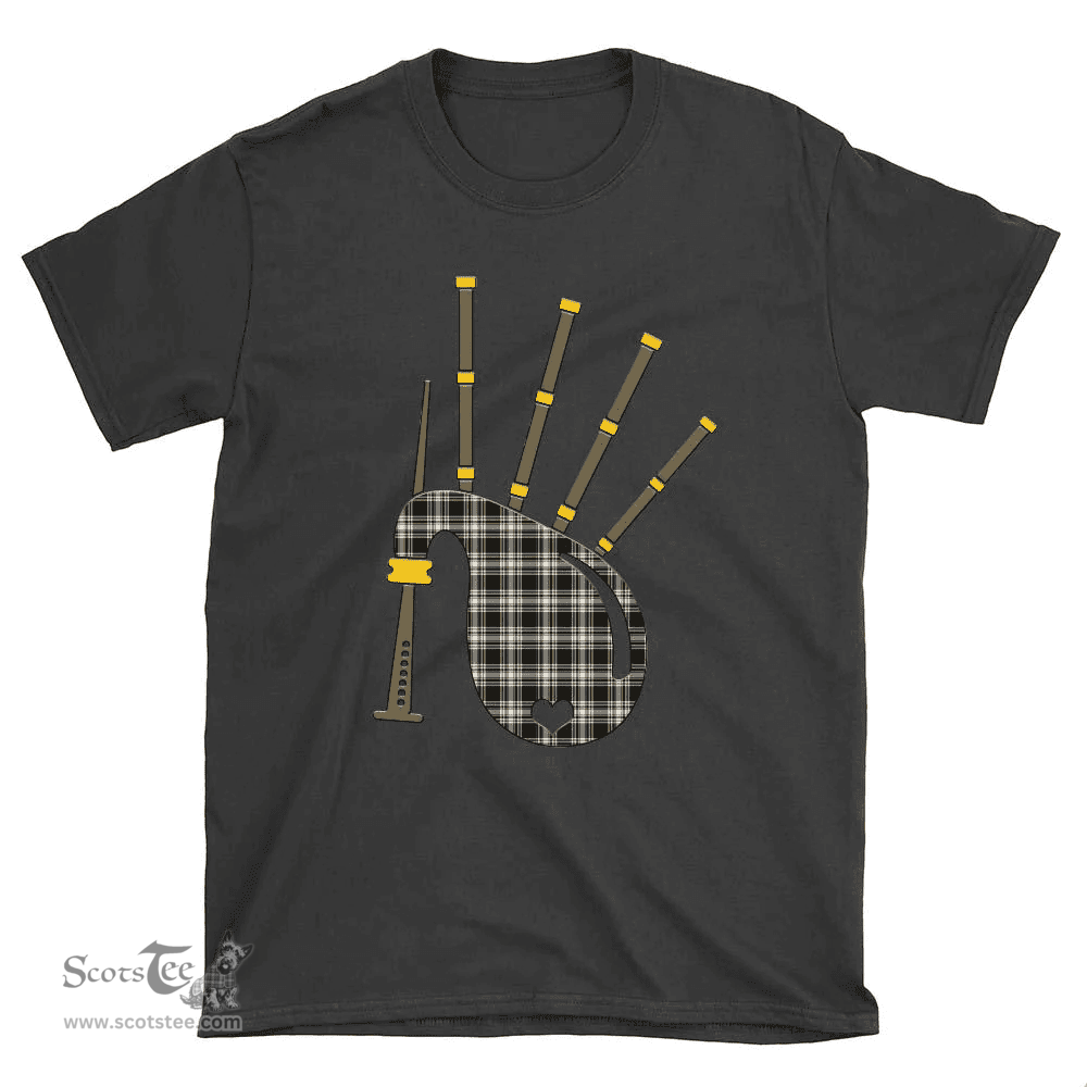 Scottish Menzies Black & White Ancient Clan Tartan T-Shirt 2D - Bagpipes Style Scottish Plaid Tartan Plaid