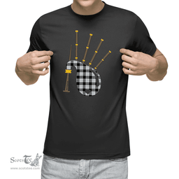 Scottish MacFarlane Black & White Clan Tartan T-Shirt 2D - Bagpipes Style Scottish Plaid Tartan Plaid