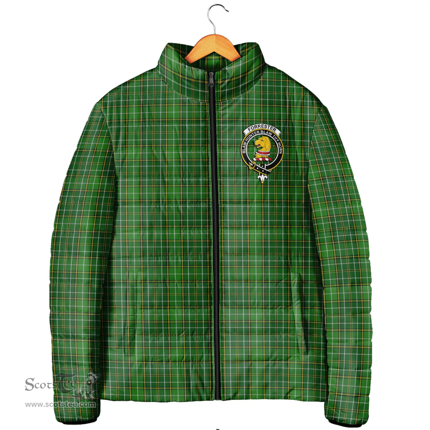 Scottish Forrester or Foster Hunting Clan Crest Tartan Padded Jacket with Family Crest - Tartan Plaid Jacket ScotsTee Shop - Tartan Plaid - scotstee.com