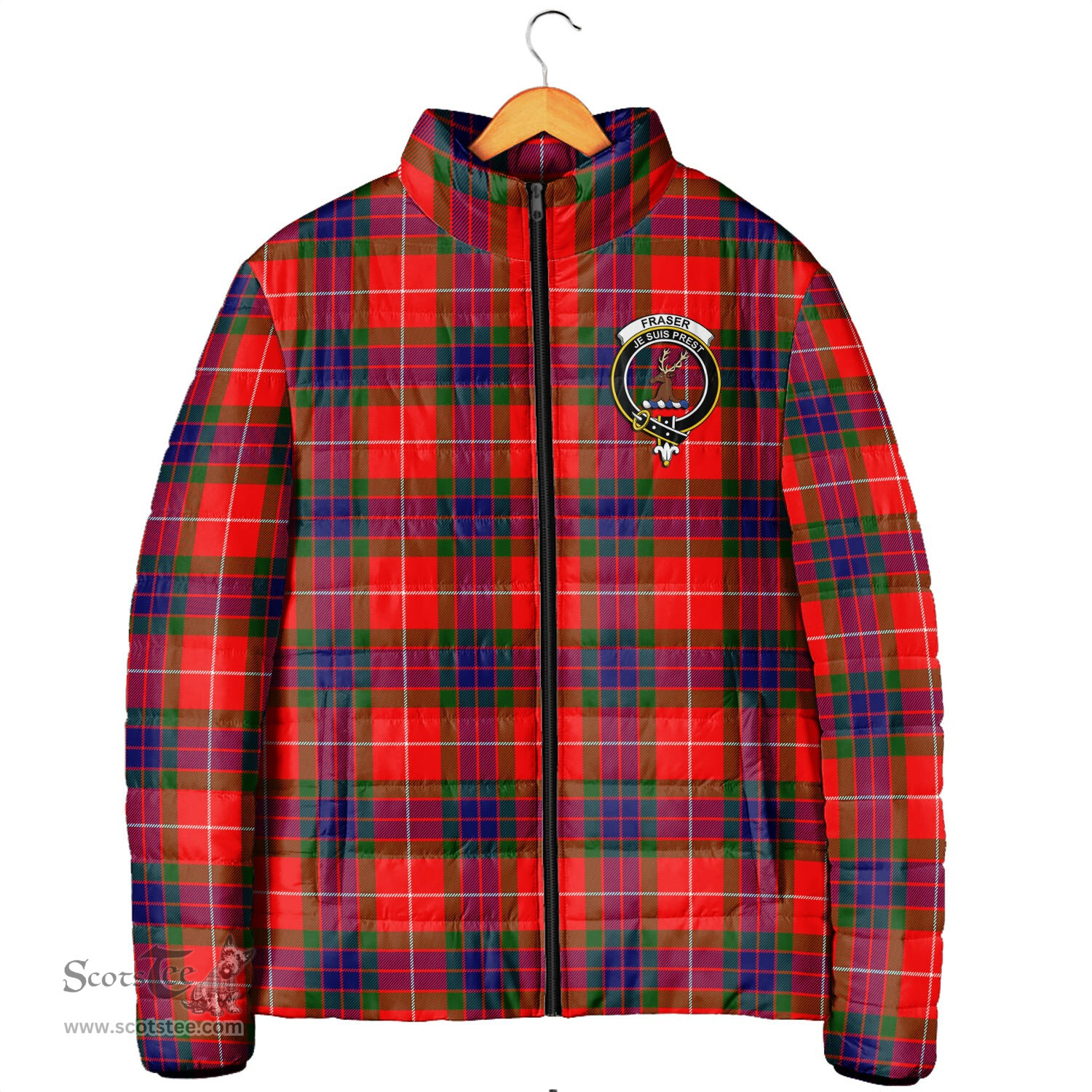 Scottish Fraser Modern Clan Crest Tartan Padded Jacket with Family Crest - Tartan Plaid Jacket ScotsTee Shop - Tartan Plaid - scotstee.com