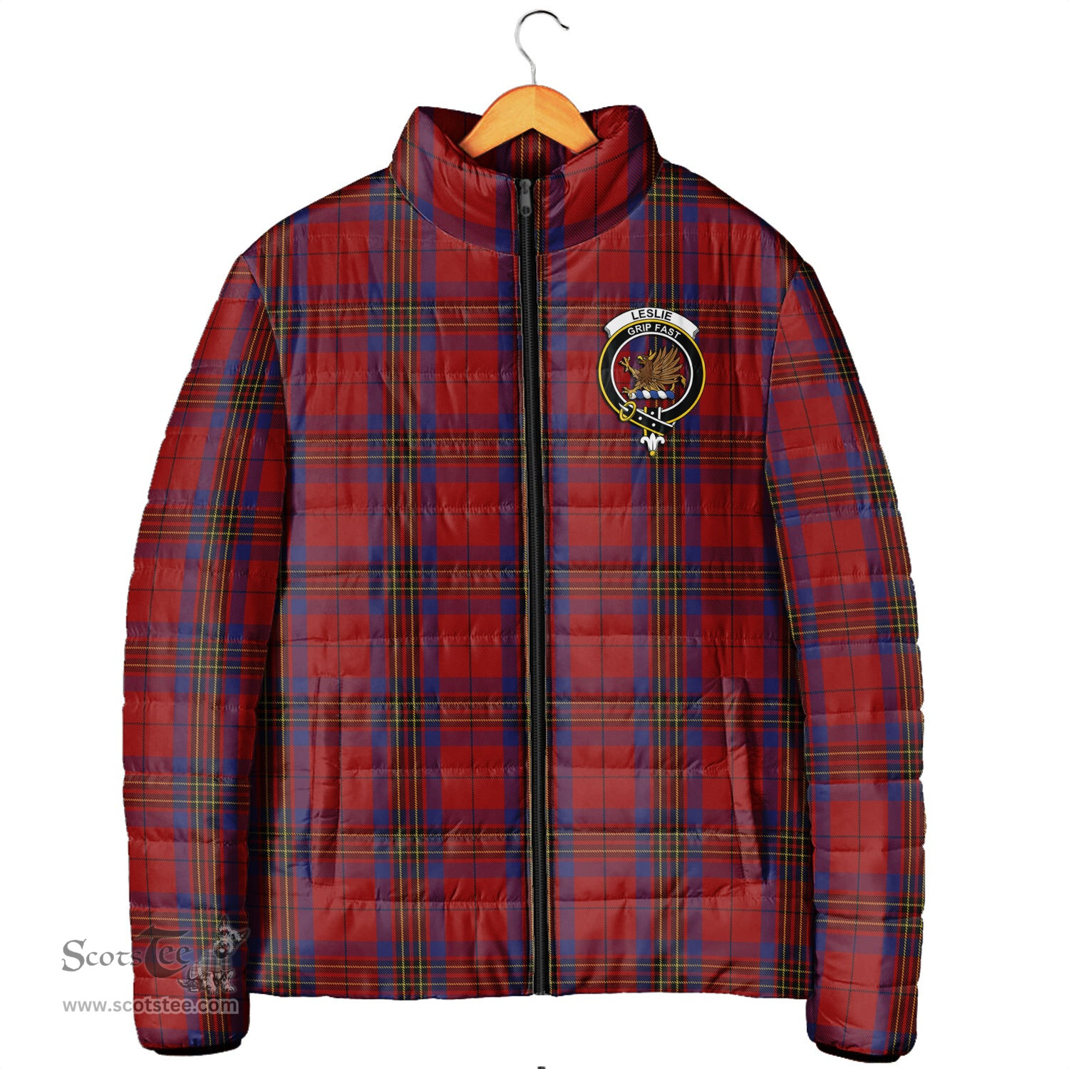 Scottish Leslie Red Clan Crest Tartan Padded Jacket with Family Crest - Tartan Plaid Jacket ScotsTee Shop - Tartan Plaid - scotstee.com