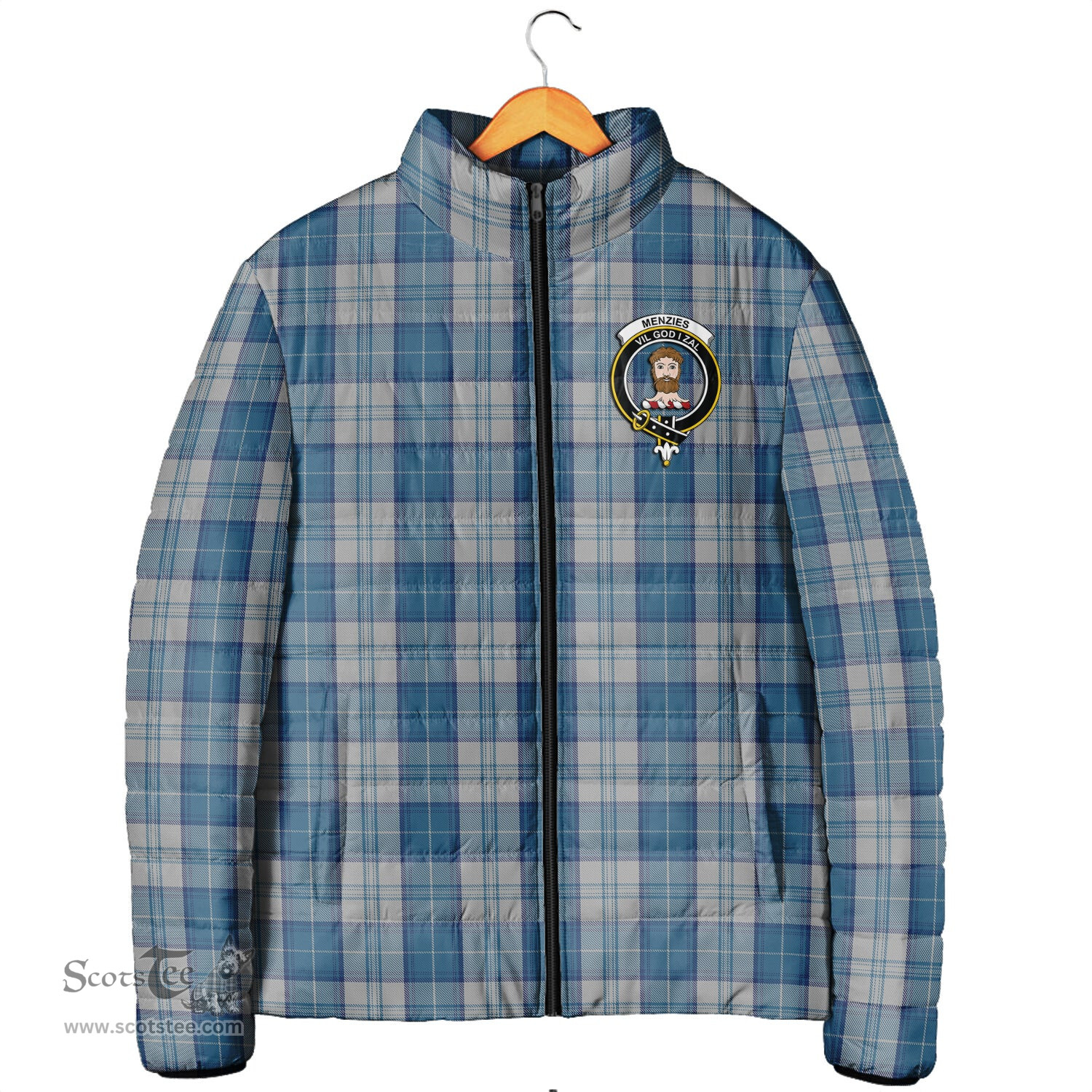 Scottish Menzies Dress Blue and White Clan Crest Tartan Padded Jacket with Family Crest - Tartan Plaid Jacket ScotsTee Shop - Tartan Plaid - scotstee.com