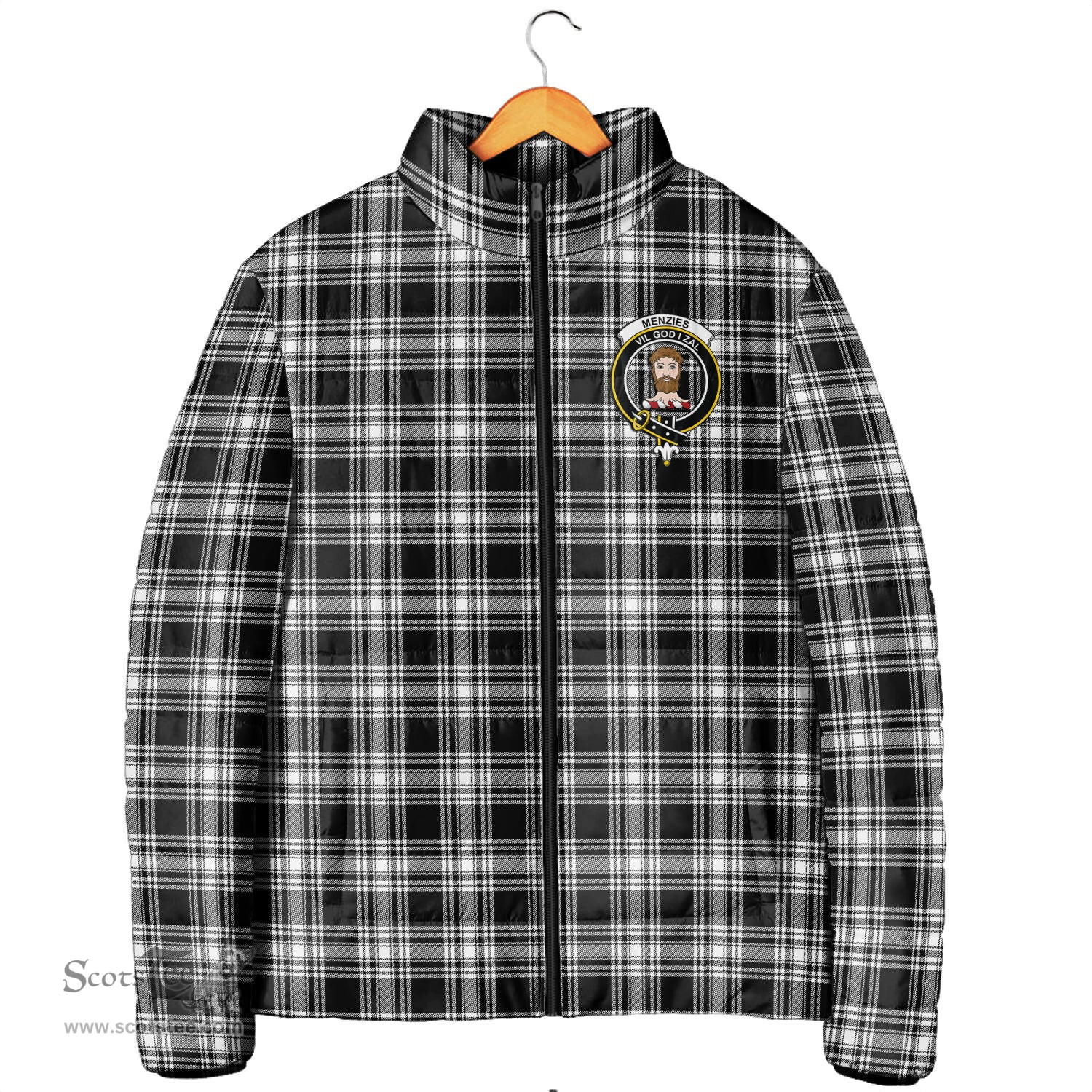 Scottish Menzies Black and White Clan Crest Tartan Padded Jacket with Family Crest - Tartan Plaid Jacket ScotsTee Shop - Tartan Plaid - scotstee.com