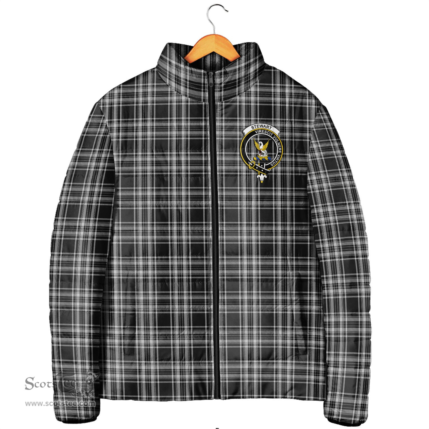 Scottish Stewart Black and White Clan Crest Tartan Padded Jacket with Family Crest - Tartan Plaid Jacket ScotsTee Shop - Tartan Plaid - scotstee.com
