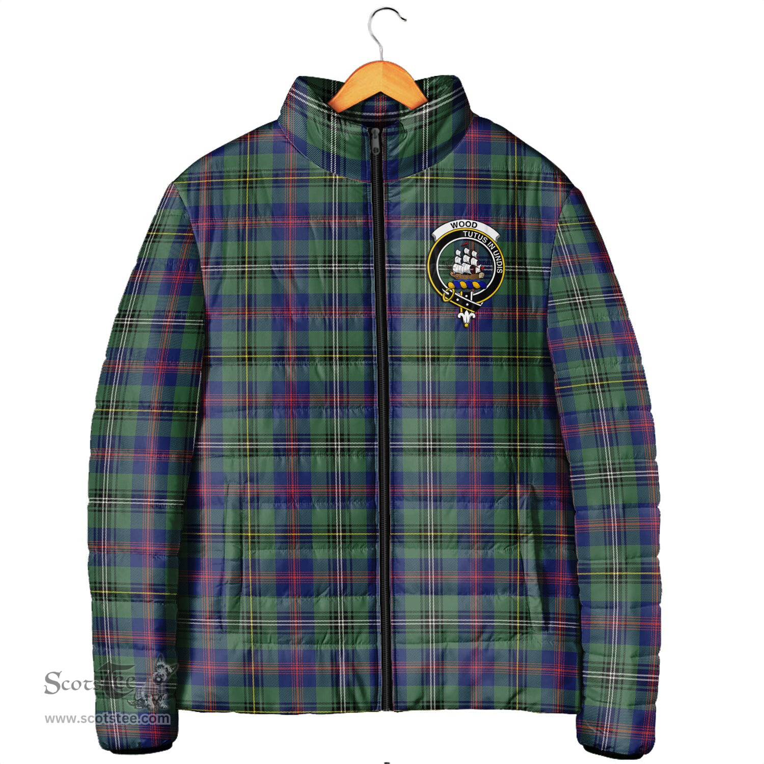Scottish Wood Modern Clan Crest Tartan Padded Jacket with Family Crest - Tartan Plaid Jacket ScotsTee Shop - Tartan Plaid - scotstee.com
