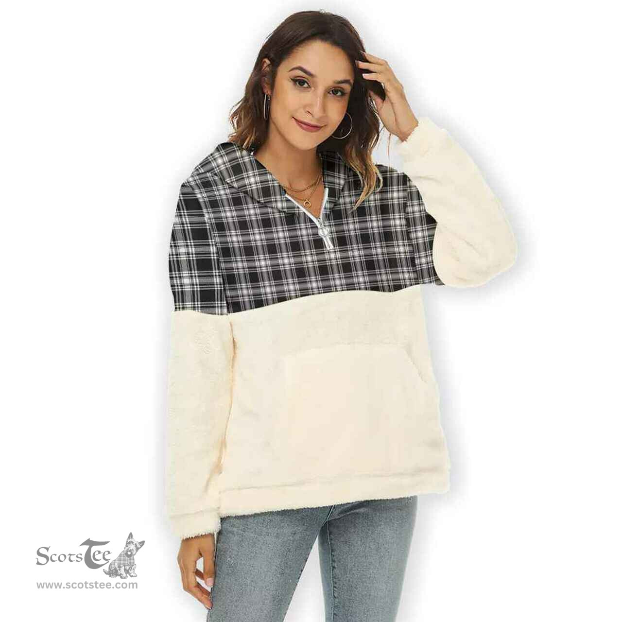 Scottish Menzies Black & White Modern Clan Tartan Flannel Hoodie Women - Classic Scottish Plaid Tartan Plaid