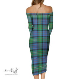 Bowie Ancient Tartan Off Shoulder Lady Dress Tartan Plaid Long Dress - ScotsTee Shop