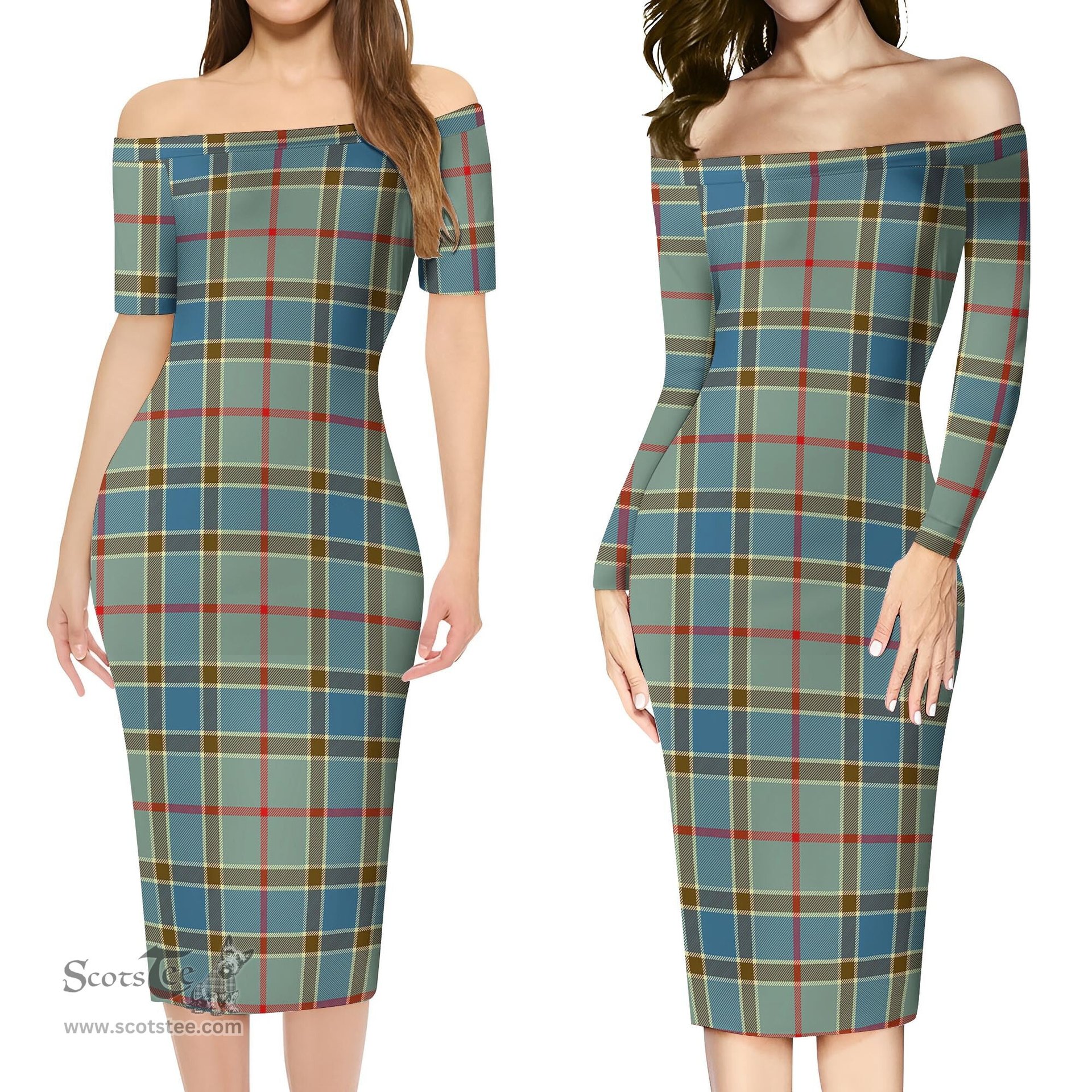 Balfour Blue Tartan Off Shoulder Lady Dress Tartan Plaid Long Dress - ScotsTee Shop