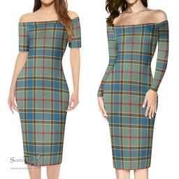 Balfour Blue Tartan Off Shoulder Lady Dress Tartan Plaid Long Dress - ScotsTee Shop