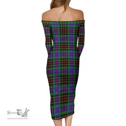 Brodie Hunting Modern Tartan Off Shoulder Lady Dress Tartan Plaid Long Dress - ScotsTee Shop