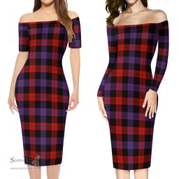 Broun Modern Tartan Off Shoulder Lady Dress Tartan Plaid Long Dress - ScotsTee Shop